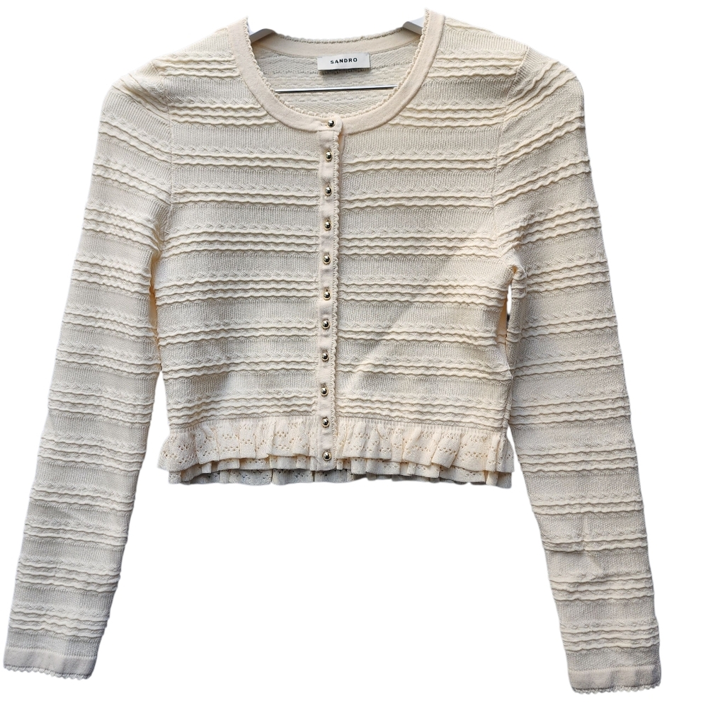 Sandro Ruffled Knit Cardigan with Ruffle Hem In Cream - Picture 2 of 9
